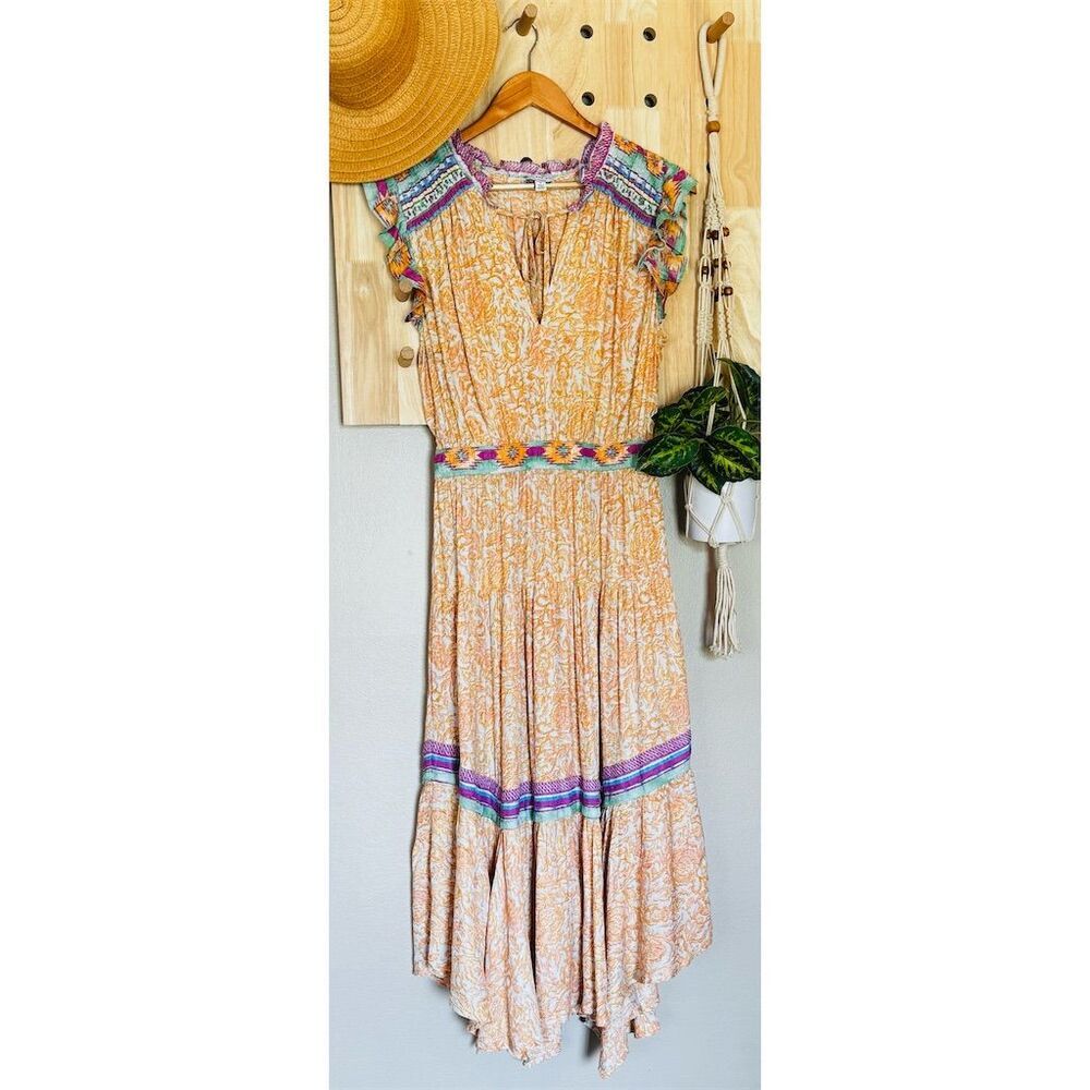 Current Air Women's S Orange Tribal Midi Dress Bohemian‎ Flutter Sleeve